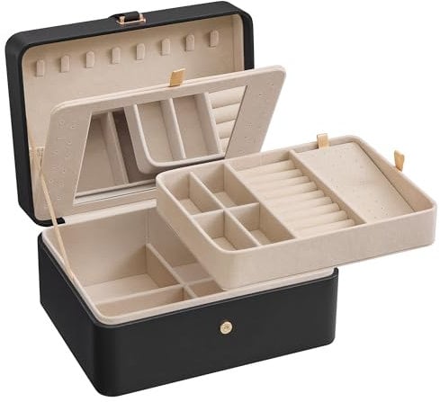 SONGMICS Jewellery Box with Mirror, 2-Layer Jewellery Storage Organiser, Travel Jewellery Case, Removable Jewellery Tray, 17.6 x 22 x 11 cm, Earring Necklace Storage, Gift Idea, Ink Black JBC200B01