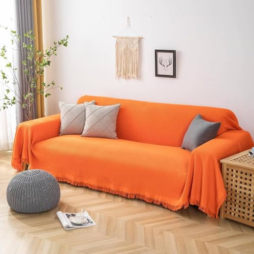 Epinki Sofa Überzug, 90x150CM Ecksofa Bezug rutschfest mit Quaste Einfarbig Waffle Muster, Wohnzimmer Sessel Hunde Haustiere Sesselbezug aus Baumwolle Leinen Anti-Rutsch-Couch, Orange