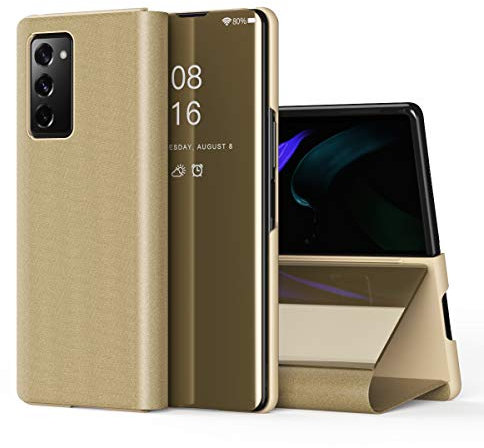 SIYOPINPFY Compatible avec Samsung Galaxy Z Fold 2 5G Housse Coque Etui à Rabat, Luxueux Makeup Miroir Smart View Standing béquille 360° Protecteur Coque pour Samsung Galaxy Z Fold 2 5G, Mirror Gold