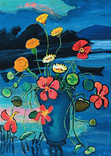 Kunstkarte Gabriele Münter Blumenstillleben vor Landschaft