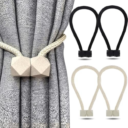4 Piezas Alzapaños de Cortina Magnéticos, Sujeta Hebillas Cortinas para Decoración del Hogar, Correas de Imán para Cortina, para la Decoración de la Ventana del Hotel Home Office(Negro, Beis)
