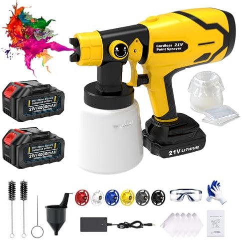 Akku Farbsprühsystem 600W Elektro Lackierpistole 1000ml Großer Behälter Farbsprühgerät 21V Farbspritzpistole Elektrisch mit 6 Düsen, 3 Muster und Filter für Zaun, Möbel, Wände Decken,Gelb