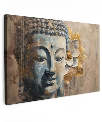 MuchoWow© Leinwand 90x60 cm Deko Schlafzimmer Aesthetic Leinwandbilder Wohnzimmer Gemälde Foto Geschenk Living Room Decoration Buddha - Zen - Blume - Gold - Beige - Kunst