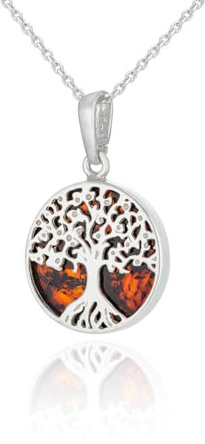 AMBEDORA Women's Small Necklace Celtic Tree of Life Mod.05 with Amber, Polished Sterling Silver, Baltic Amber in Cognac Colour, Silver Pendant on Chain, Sterling Silver, Amber
