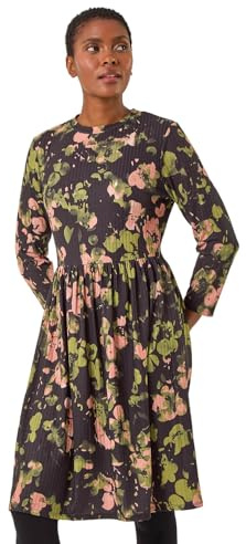 Roman Stretch Dress with Pockets for Women UK - Ladies Jersey Gathered Waist Spring Summer Knee Length Smart Casual Work Cocktail Party Going Out Fit & Flare Dinner - Peach - Size 16