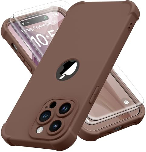 ORETECH Silicone Case for iPhone 14 Pro Case, with [2 x Tempered Glass Screen Protector] [Camera Protection] [Military Grade Shockproof ] Thin Slim Fit Rubber Bumper Phone Case Cover - Brown