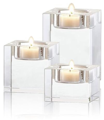 3 Stück Teelichthalter Glas Kerzenhalter Set, Kristall Kerzenhalter, Teelichter Glas Kristall für Bar Party Wohnzimmer Tischdeko Hochzeit Geburtstag Weihnachten Esstisch