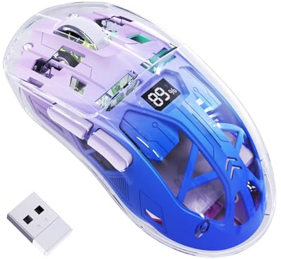 FREEWOLF A2 Wireless Gaming Mouse, Dual Mode 2.4G/Bluetooth PC Gaming Mice, Ergonomic RGB Mouse with Battery Display Screen, Transparent Shell, PixArt 3212, 4000 DPI, for Win/MAC, Twilight Purple