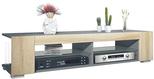 Vladon Lowboard Movie, TV-Kommode mit 4 offenen Fächern und Zierleisten, Anthrazit matt/Eiche sägerau (134,5 x 30,5 x 38,5 cm)