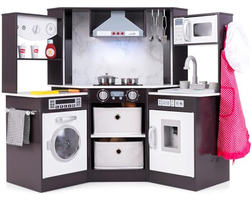 COSTWAY Kids Corner Play Kitchen, Wooden Pretend Toy Kitchen with Realistic Lights & Sounds, Running Water Circulation, Accessory Utensils, Children's Chef Role Play Set for Boys Girls (Coffee)