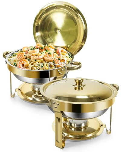 Dorés Chafing Dish Buffet 5L[Solide et Durable, Haute qualité],2PCS Ronds Chafing Dish en Acier Inoxydable,Buffets Chauffants [élégant Or et Argent] pour Restaurants,Traiteurs,Fêtes,Mariages