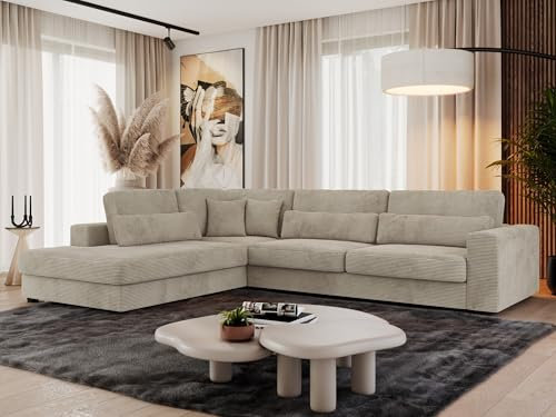 MKS MEBLE Ecksofa Sofa L-Form Hellgrau Cord, Wohnlandschaft L-Form, Couch L Form, Sofagarnitur Couchgarnitur Polsterecke, Breite: 316 cm - Savona L - Hellgrau Cord - Links