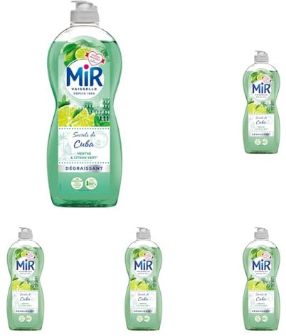 Mir Vaisselle - Secrets de Cuba - Menthe & Citron Vert - Expérience Complète et Unique -Pouvoir Dégraissant -Sans Conservateurs - Sans Allergènes Parfum - Respect de la Peau - Bouteille de 675ml