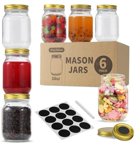 Glass Regular Mouth Mason Jars, 16 oz Clear Glass Jars with Silver Metal Lids for Sealing, Canning Jars for Food Storage, Overnight Oats, Dry Food, Snacks, Candies, DIY, Meal Prep (Golden, 6PACK)