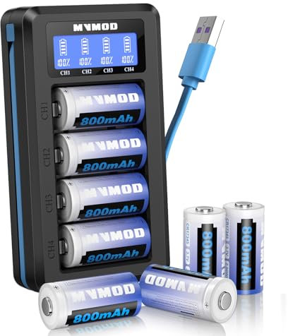 MVMOD CR123A Batterie Ricaricabili 8 Packs, CR123A 3.7V Batterie Al Litio Ricaricabili con Caricatore, CR17345 Batteria per Arlo Camera VMC3030 VMK3200 VMS3330 3430 3530 Torce Microfono