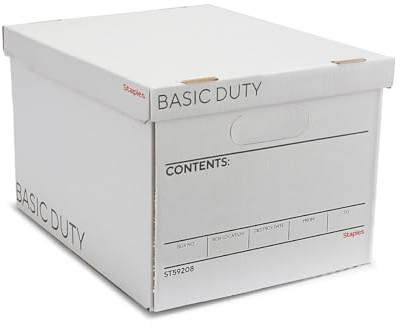 Staples Corrugated File Box, Lift-Off Lid, Letter/Legal, White/Black, 10/Pk