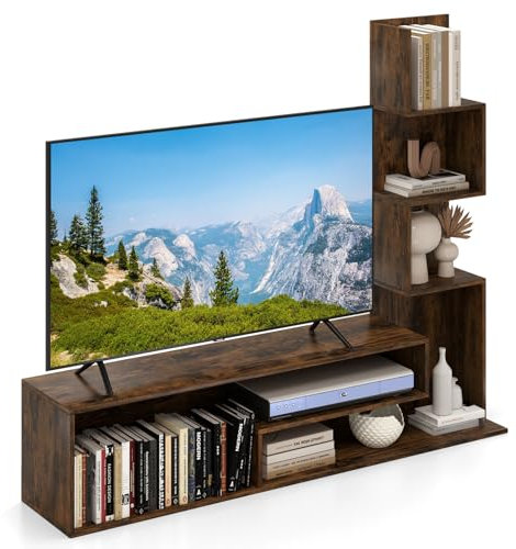 COSTWAY TV Stand for TVs up to 50 Inches, Cube TV Unit Cabinet with L-Shaped Storage Shelves & Open Compartments, Wooden Media Entertainment Center Console Table for Living Room Bedroom (Rustic Brown)