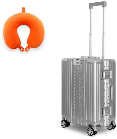 WINLIFE Größe M Reisekoffer Alu-Rahmen mit ABS + Orange Nackenkissen & TSA Nummern-Schloss 53cm Kabinentrolley | Handgepäck Farbe-Silber