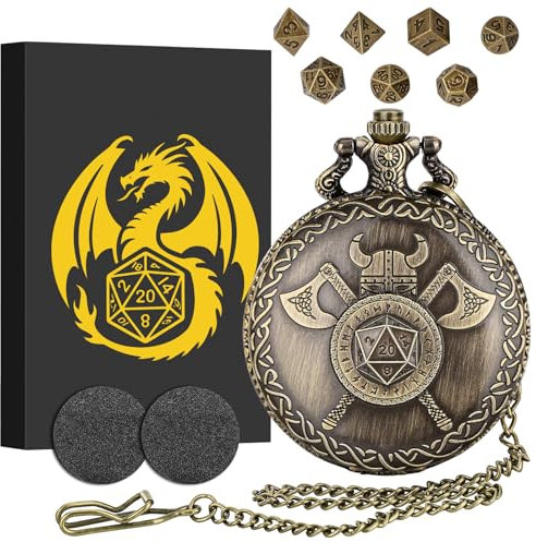 Mini DND Dice Set with Viking Helmet with Double Axes Pocket Watch Shell Case, DND Starter Set, 7pcs Polyhedral Mini Metal Dice Set, D&D Gifts with Gift Box, Role Playing Board Game Accessories,Bronze