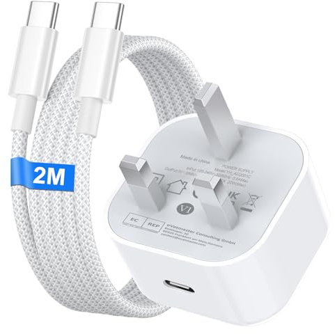 iPhone 15 16 Fast Charger, 20W USB C Charger Plug with 2M Nylon USB C to Type C Cable for iPhone 16/16 Plus/16e/16 Pro Max/15/15 Plus/15 Pro/iPad, Type C Plug UK Power Adapter and Nylon Braided Cable