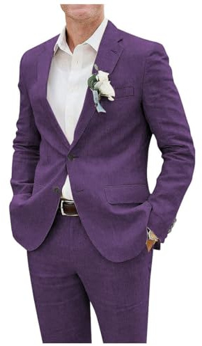 Costume en lin pour hommes 2 pièces avec blazer et pantalon à revers à encoche à simple boutonnage, léger, smoking pour mariage professionnel, violet foncé, XL