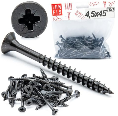 4,5x45 mm 100 Stück Schrauben Senkkopf Schwarz Verzinkt Vollgewinde Selbstschneidend Kreuzschlitz Holz Metall Trockenbau Befestigung