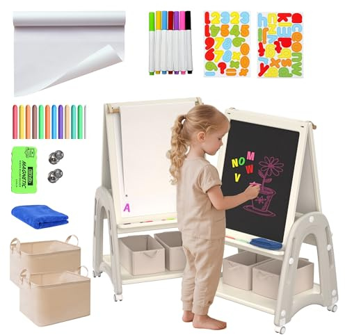 Hominewti Chevalet d'art pour enfants avec rouleau de papier, hauteur réglable, double face tableau blanc et tableau noir avec accessoires de peinture, Idéal pour les garçons et les filles, Blanc