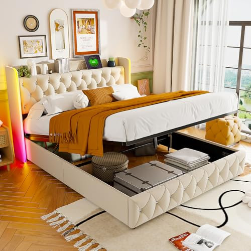 LONELYO Bett 140x200 Polsterbett mit Stauraum und LED-Lichtern - Beige Samt, mit RGB Farbwechsel, USB-Ladeanschluss, Bett mit Fußteil, Gasdruckfeder für einfachen Zugang, Boxspringbett mit Stauraum