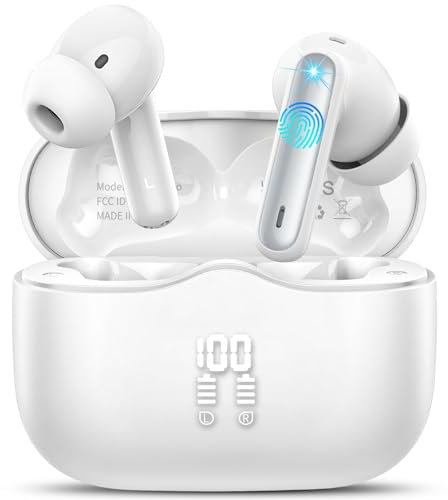 Cuffie Bluetooth 5.4 In Ear, Auricolari Bluetooth HiFi Stereo con 4 Microfoni ENC Cancellazione Rumore, 40 Ore Cuffie Wireless LED, IP7 Impermeabili Cuffiette Sport, Cuffie Senza Fili USB-C, Bianco