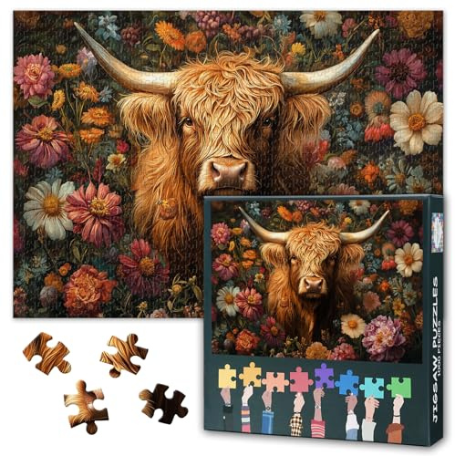 Schottisches Hochlandrind 1000-Teile Puzzle - Blumenwiese mit Rindern, 50x70 cm Premium Naturmotiv für Erwachsene, Anspruchsvolles Sammlerpuzzle für Zuhause