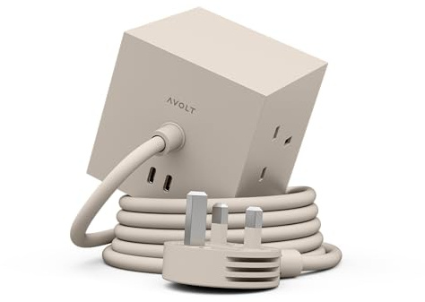 Avolt Square 1 Designer Extension Lead Cube, 1.8m, 3 UK Sockets, 2 USB-C | Nomad Sand – magnetic power cube, USB-C 30W charging; ideal for bedrooms and warm, natural interiors
