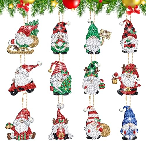 12 Set 5D Diamond Painting Weihnachten Anhänger, Weihnachtsmann Diamond Painting Schlüsselanhänger Doppelseitige Weihnachten Wichtel Diamant Malerei DIY Kit Weihnachtsbaum Deko