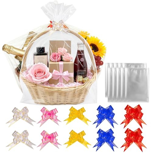 10Pcs Large Cellophane Bags with Pull Bows 70x100cm,Clear Cellophane Wrap Bags for Gift Baskets Hamper,Large Cellophane Wrap for Hampers,Making Easter Presents Christmas Valentine's Day Packaging