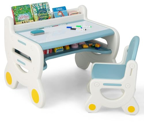 COSTWAY Kinder Tisch Stuhl Set, Kindersitzgruppe mit Whiteboard, Bücherregal & Stiftslitz, Kindertisch mit Stauraum, Maltisch für Kinder ab 3 Jahr (Blau)