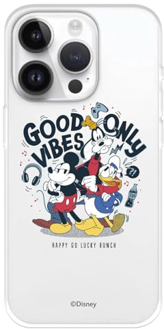 Schutzhülle kompatibel mit iPhone 15 Pro, offizielles Disney Good Vibes Only, um Ihr Handy zu schützen. Flexible transparente Silikonhülle mit offizieller Lizenz von Disney-Klassikern