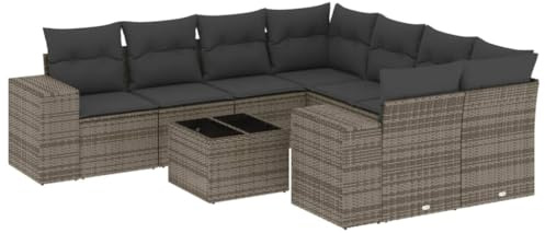 XHNIFBN Salon de jardin en rotin synthétique, gris, 62 x 62 x 69 cm, modules d'angle et central, avec table en verre, résistant aux intempéries, pour petits balcons, terrasses et jardins d'hiver