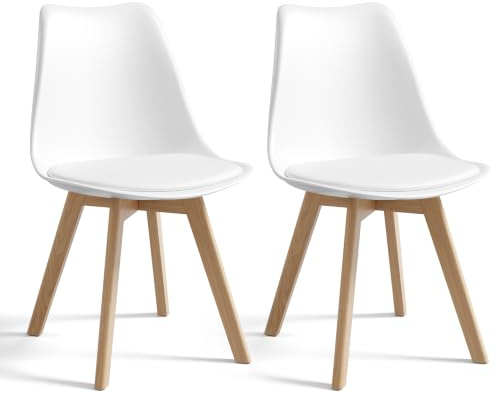 Xbro Esszimmerstühle 2er-Set aus Buchenholz, Weiß | Gepolsterte Sitzflächen, Moderne Holzstühle für Esszimmer & Küche, Ergonomische Küchenstühle