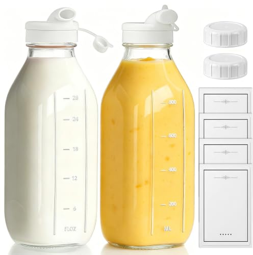 PELARISE 2er Glasflaschen mit Deckel, Glasflasche 1 Liter, Glasflaschen zum Befüllen, Smoothie Flasche, Milchflaschen Glas, Saftflaschen mit Kapazitätsskala, Glasflasche für Saft, Milchshakes, Milch