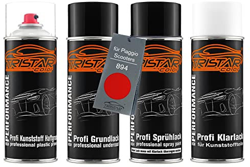 TRISTARcolor Vernice per moto Kit bombolette spray per plastica per Piaggio Scooters 894 Rosso Dragon base adesiva vernice di fondo vernice di base vernice trasparente con plastificante