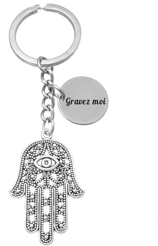 Porte-clés Argenté Main De Fatma Oeil Gravure Personnalisée Sur Médaille Bijou Femme