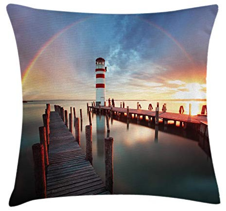 ABAKUHAUS Leuchtturm Kissenbezug, Wolken Sonnenuntergang am Meer, Wasser und Schmutz resistent Waschbar Beidseitiger Druck mit Reißverschluß, 50 x 50 cm, Tan Rot