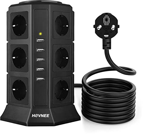 HOVNEE Steckdosenleiste Mehrfachsteckdose 12 Fach Steckdosenturm (2500W/10A) mit 5 USB Ladeanschlüsse und 2,0 m Kabel (5V/4,5 A),Überspannungsschutz und Kurzschlussschutz,Schwarz