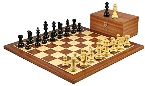 Tournament Size Supreme Quality Wooden Chess Set Mahogany Board 21 Inch Weighted Ebonised Staunton French Knight Pieces Mahogany Storage Box 3.75 Inch