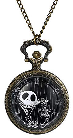 JewelryWe Taschenuhr Herren Damen mit Schädel Skull Skelett aus The Nightmare Before Christmas, Quarz Analog Uhr mit Kette Halskette Bronze