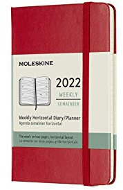 Moleskine Wochenkalender 2022, 12 Monate Wochenplaner, horizontal, fester Einband, Format Pocket 9 x 14 cm, Farbe Scharlachrot, 144 Seiten