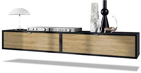 Vladon 2er-Set TV Board Lana 100, Made in Germany, Lowboards je 100 x 29 x 37 cm mit viel Stauraum, Korpus in Schwarz matt, Fronten in Eiche Natur | Große Farbauswahl