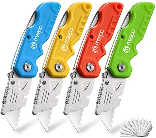M MEEPO Box Cutter, 4-Pack Tough Folding Box Cutter for Heavy Duty Purpose, Razor Sharp Blade, Comfortable Handle, with Extra 10-Piece Blades, Can cut Drywall, Sheet Plastic, Linoleum, Boxes, Rope