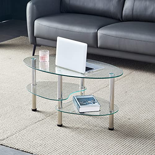 Mesa de té de cristal ovalada para oficina, mesa de café moderna de 3 niveles, mesa auxiliar para sala de estar (transparente)