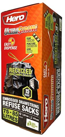 Hero Ultra Strong Black Embossed Drawstring Bin Bags 75-85L - 15 Bags Tear Resistant, Easy Dispense, Recycled Plastic Refuse Sacks Bin Liners