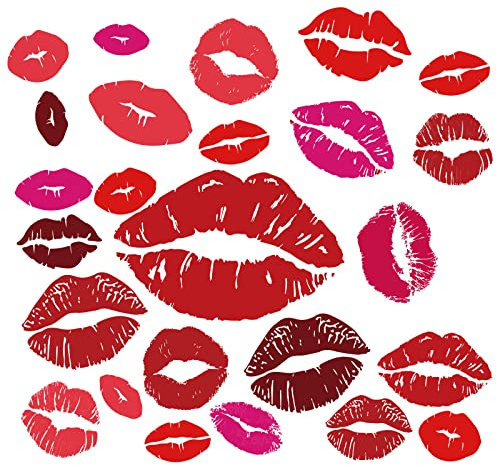 SUPERDANT Red Lips Wall Stickers Valentine's Day Trendy Wall Decals Set of 25 Kisses Decals Stickers for Walls Self-Adhesive Vinyl Art for Home Living Room Bedroom Girly Women's Teens Apartment Decor